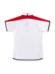England 2004 white home jersey by Umbro with red shoulder panels, navy trim, white polo collar, central Three Lions crest and Umbro logo.