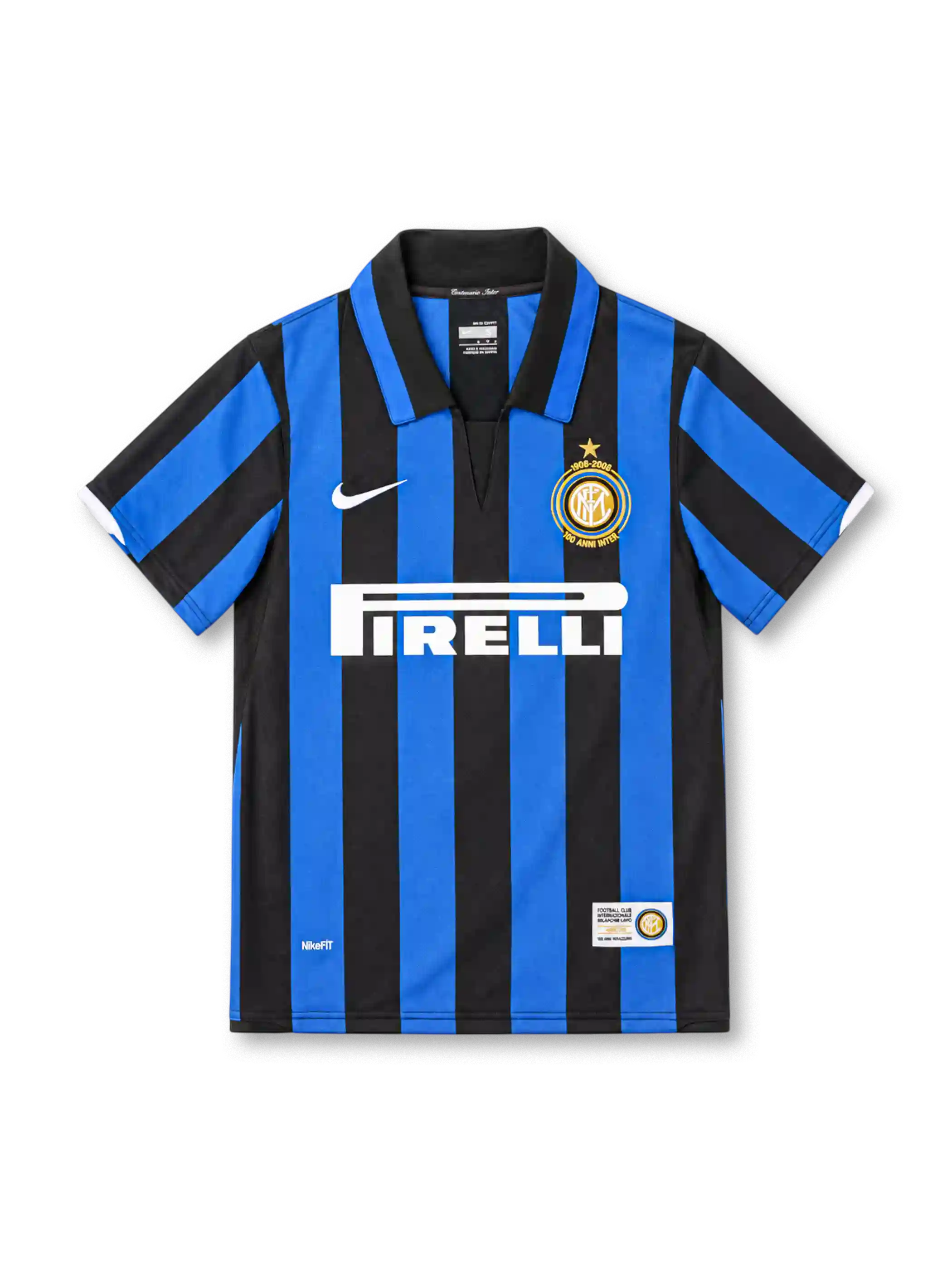 Inter Milan 2007/08 home jersey with blue and black stripes, white Nike Swoosh, Pirelli sponsor and gold 100th anniversary club crest.
