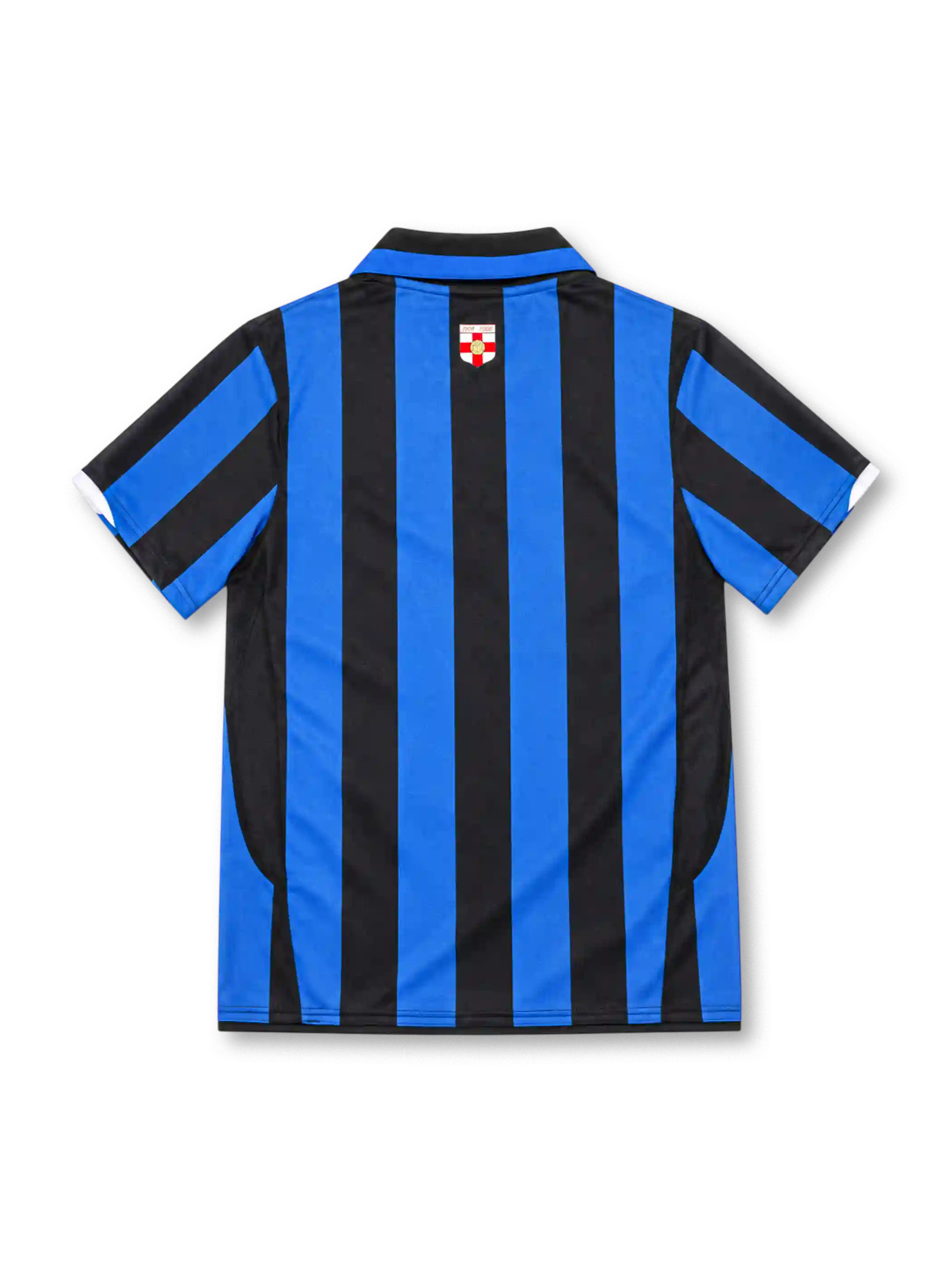 Inter Milan 2007/08 home jersey with blue and black stripes, white Nike Swoosh, Pirelli sponsor and gold 100th anniversary club crest.