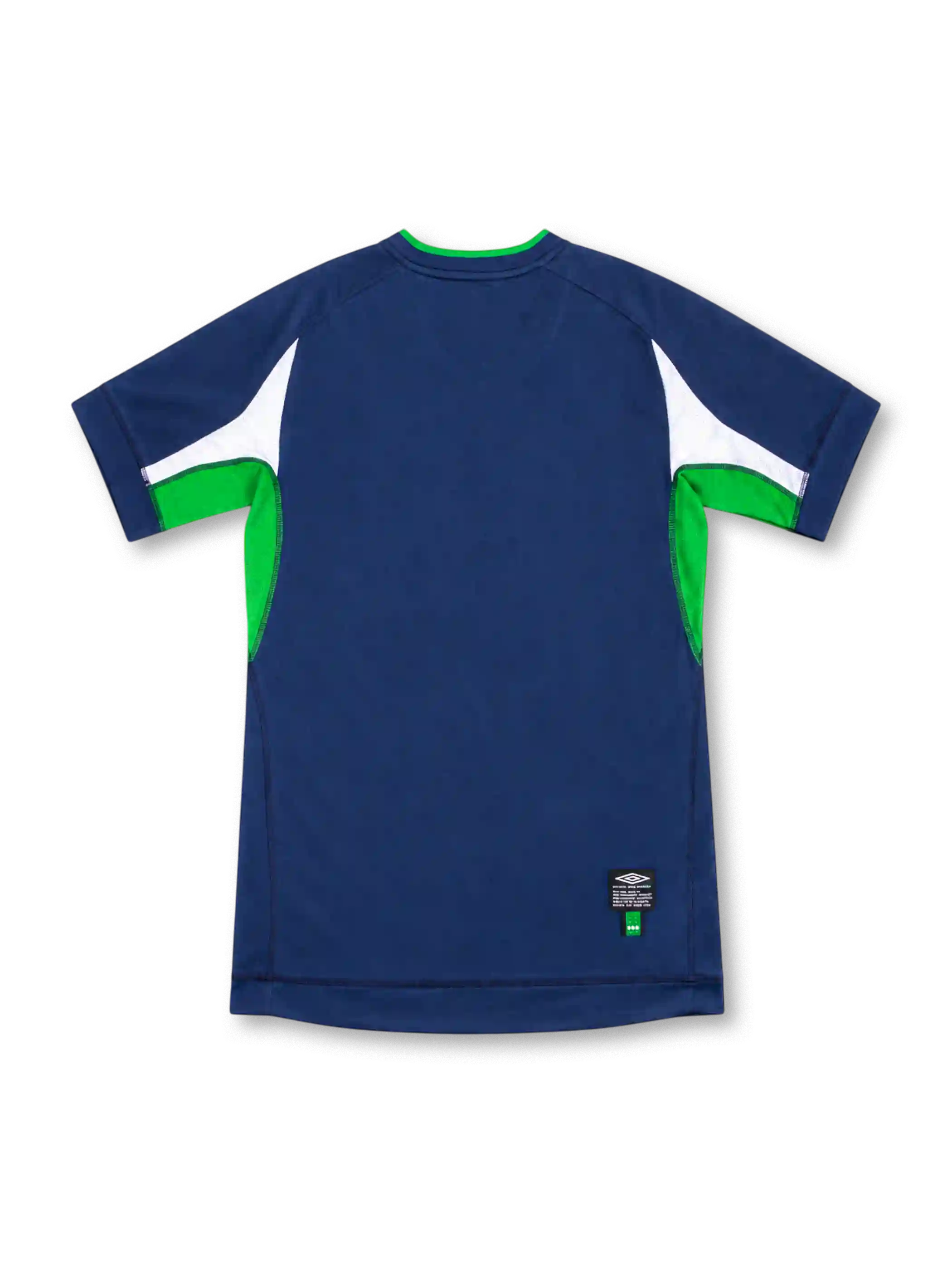 Ireland 2002 navy third soccer jersey by Umbro with green V-neck trim, white sleeve panels, green side inserts and FAI crest.