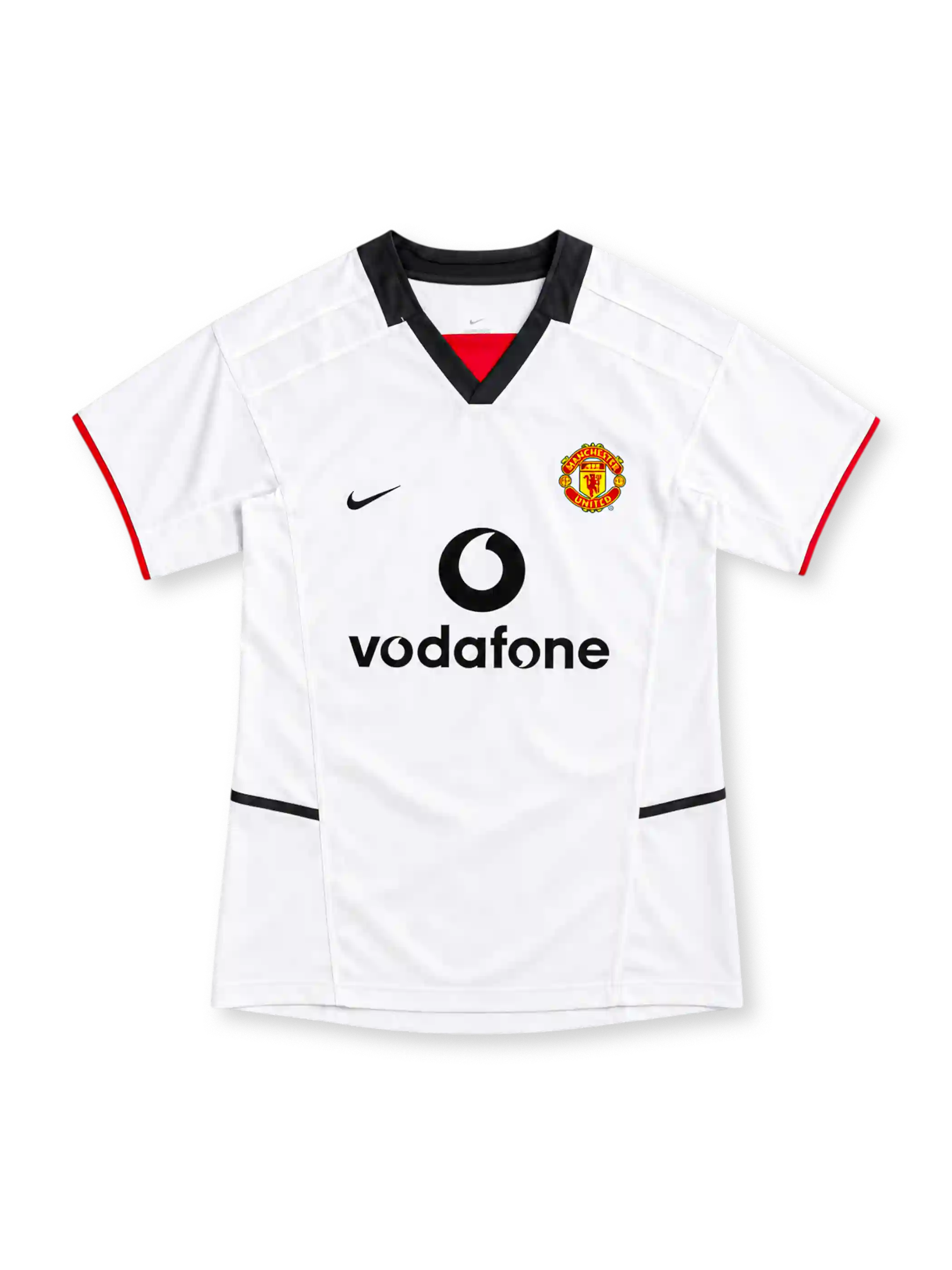 Manchester United 2002/03 white away jersey with black V-neck collar, red sleeve trim, Nike Swoosh, club crest and Vodafone sponsor.
