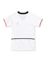 Manchester United 2002/03 white away jersey with black V-neck collar, red sleeve trim, Nike Swoosh, club crest and Vodafone sponsor.