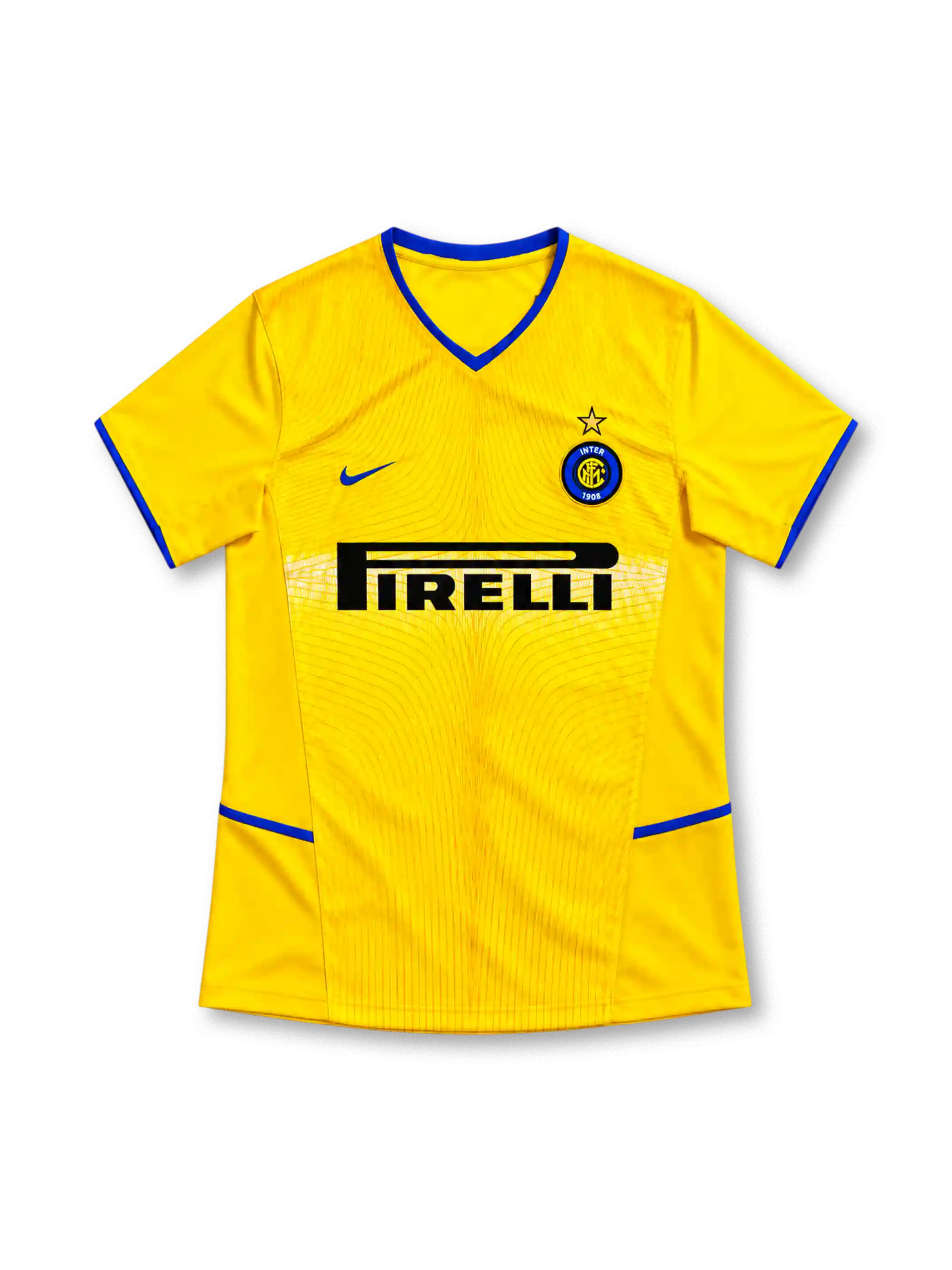 Inter Milan 2002/03 yellow third jersey with blue V-neck trim, Nike Swoosh, Inter crest, curved front pattern and black Pirelli sponsor.