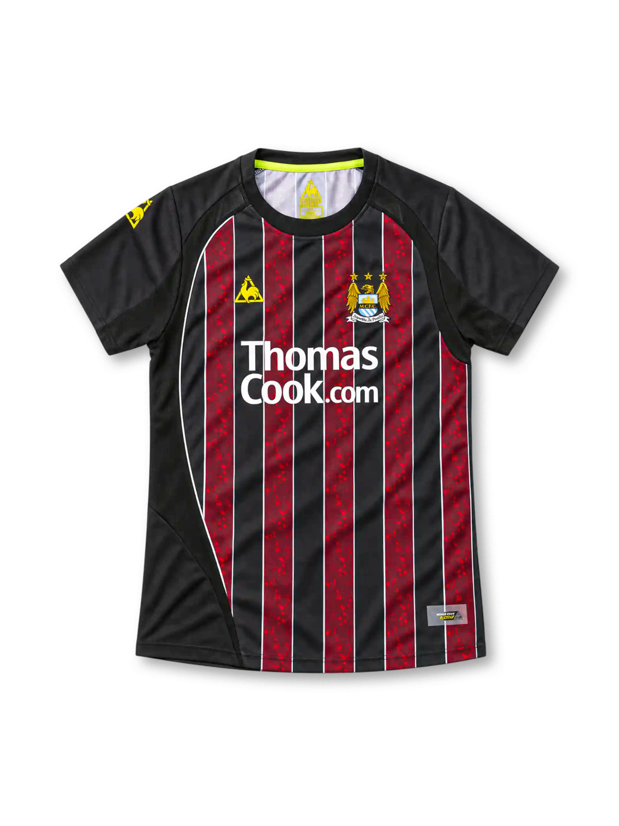 Manchester City 2008/09 black away jersey with marbled red stripes, white Thomas Cook.com sponsor, yellow Le Coq Sportif logo and club crest.
