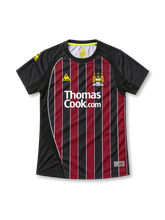 Manchester City 2008/09 black away jersey with marbled red stripes, white Thomas Cook.com sponsor, yellow Le Coq Sportif logo and club crest.