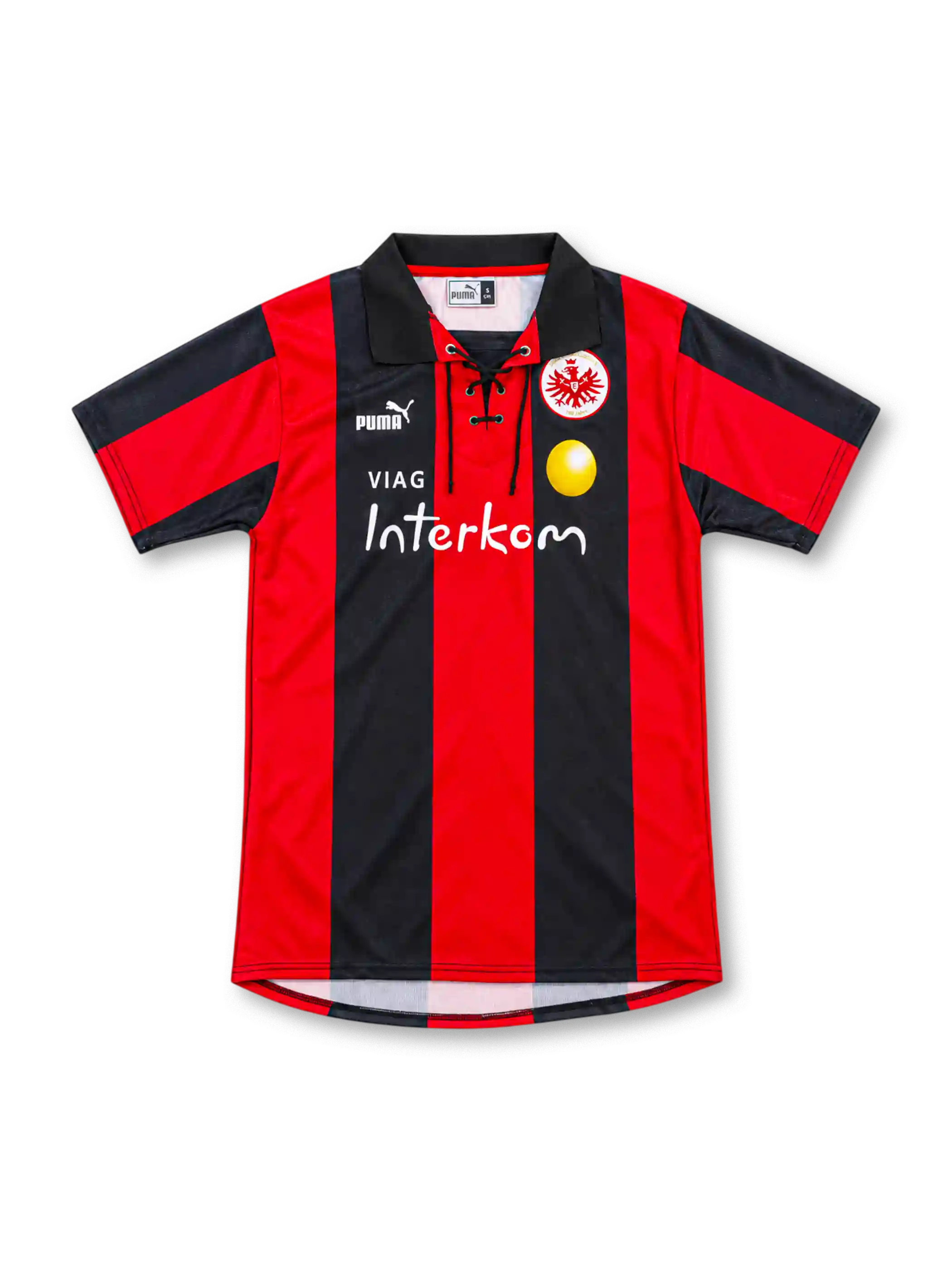Eintracht Frankfurt 1999/00 home jersey with red and black stripes, lace-up collar, Puma logo, eagle crest and VIAG Interkom sponsor.