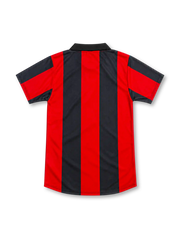 Eintracht Frankfurt 1999/00 home jersey with red and black stripes, lace-up collar, Puma logo, eagle crest and VIAG Interkom sponsor.
