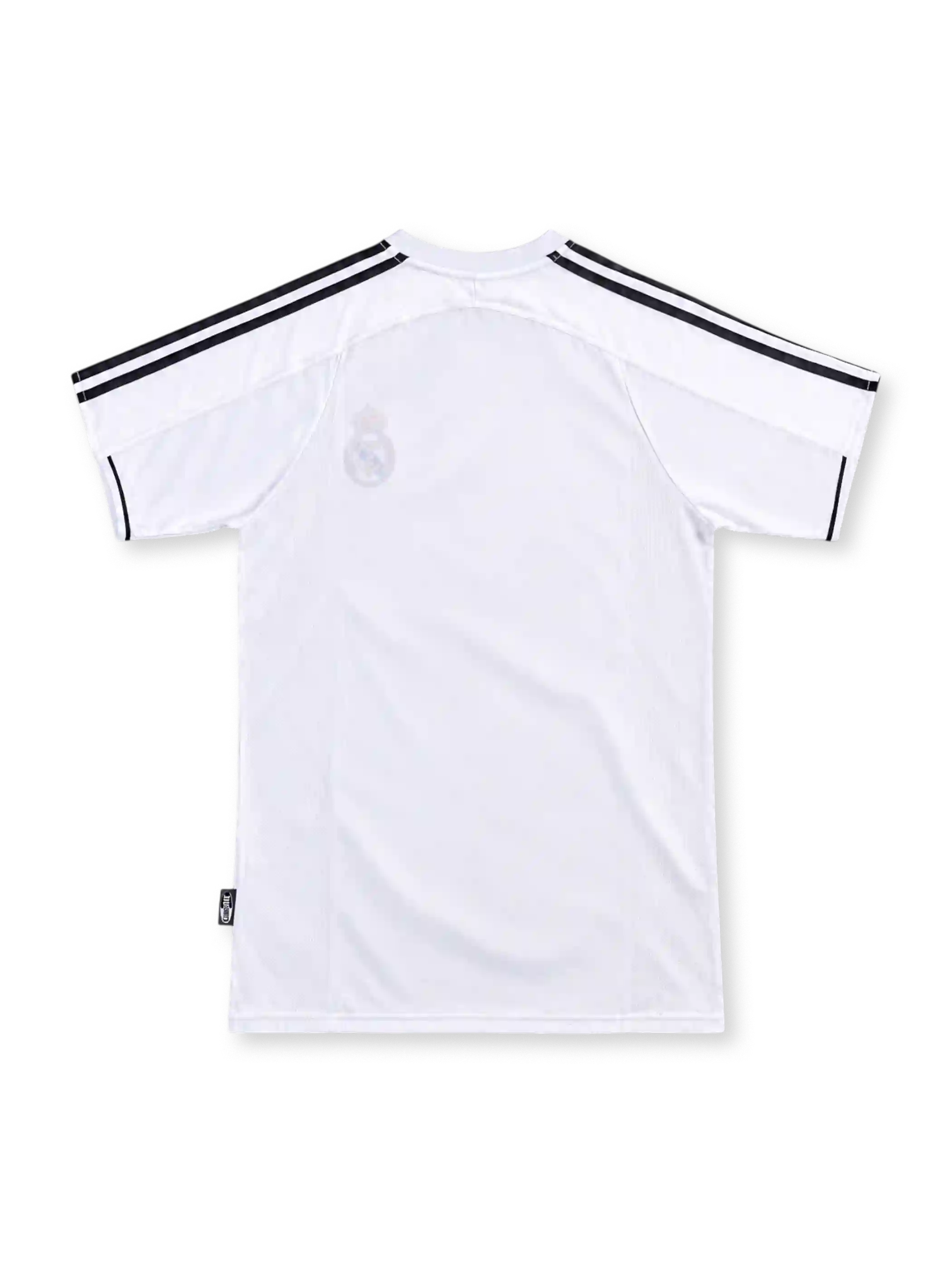 Real Madrid 2003/04 white home jersey with black adidas shoulder stripes, club crest and black-and-red Siemens mobile sponsor.