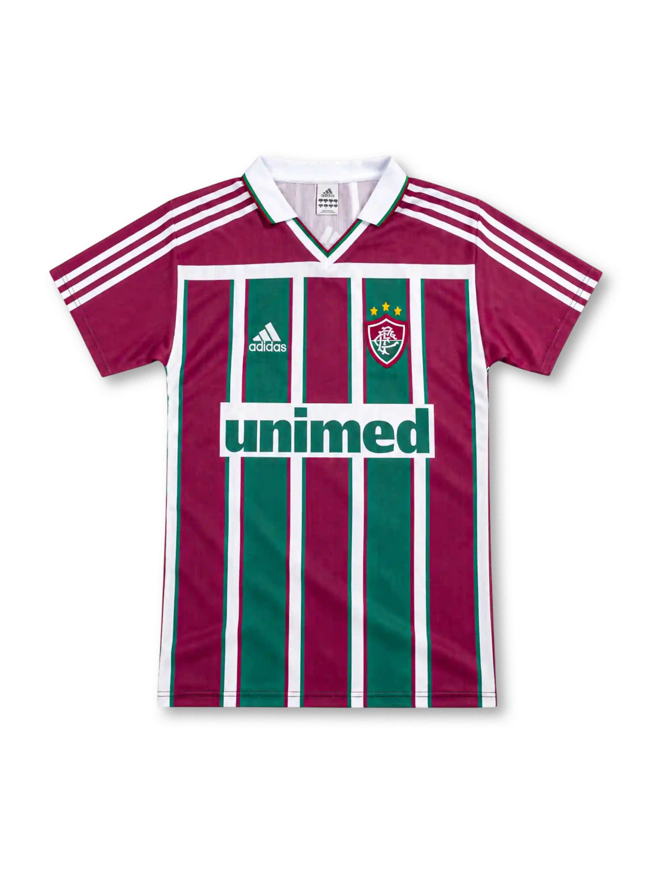 Fluminense 2003 home jersey with burgundy, green and white stripes, white adidas shoulder stripes, three-star crest and Unimed sponsor.