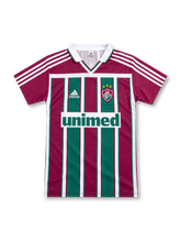 Fluminense 2003 home jersey with burgundy, green and white stripes, white adidas shoulder stripes, three-star crest and Unimed sponsor.