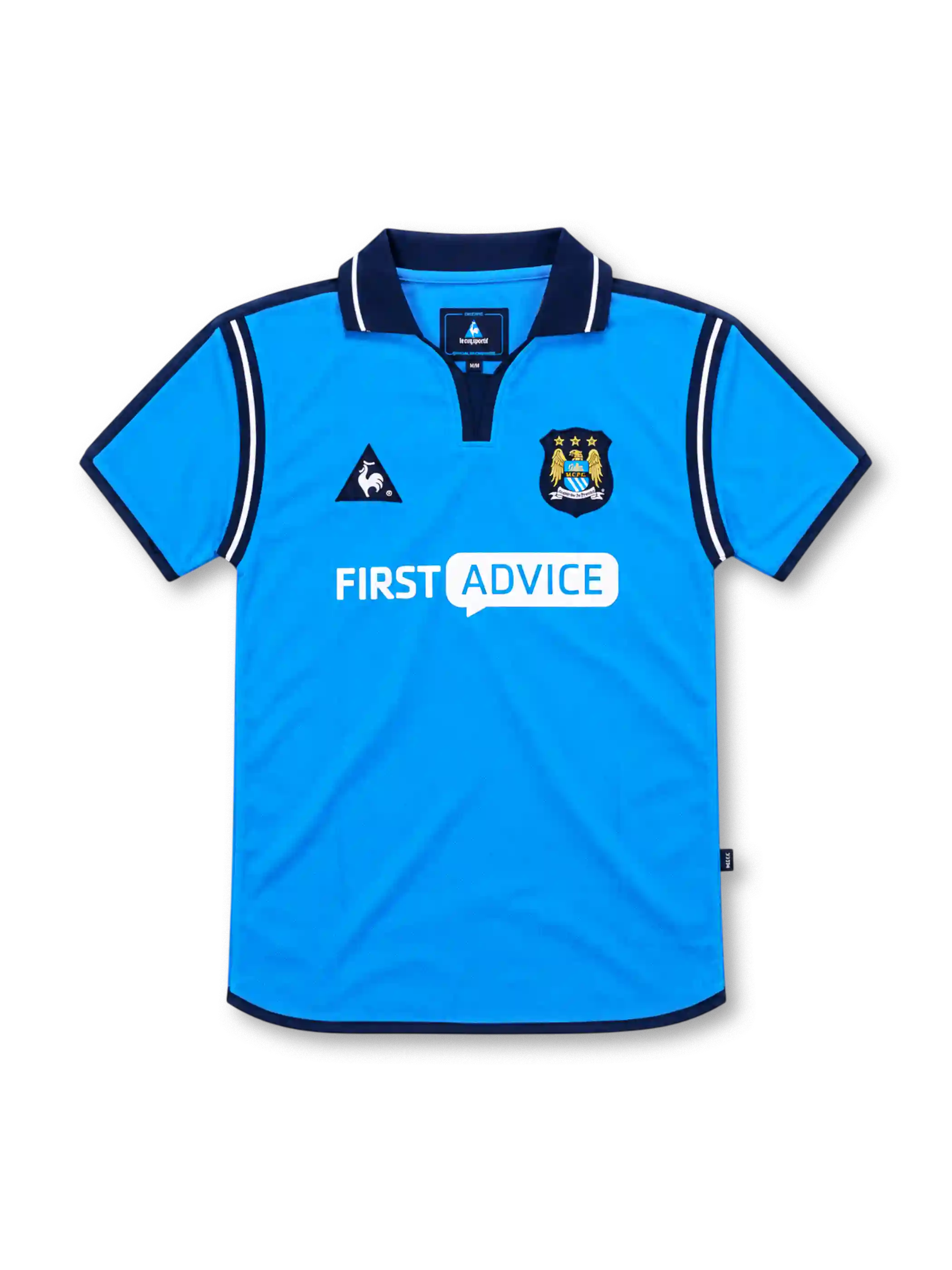 Manchester City 2002/03 sky-blue home jersey with navy collar, white piping, Le Coq Sportif logo, three-star club crest and First Advice sponsor.