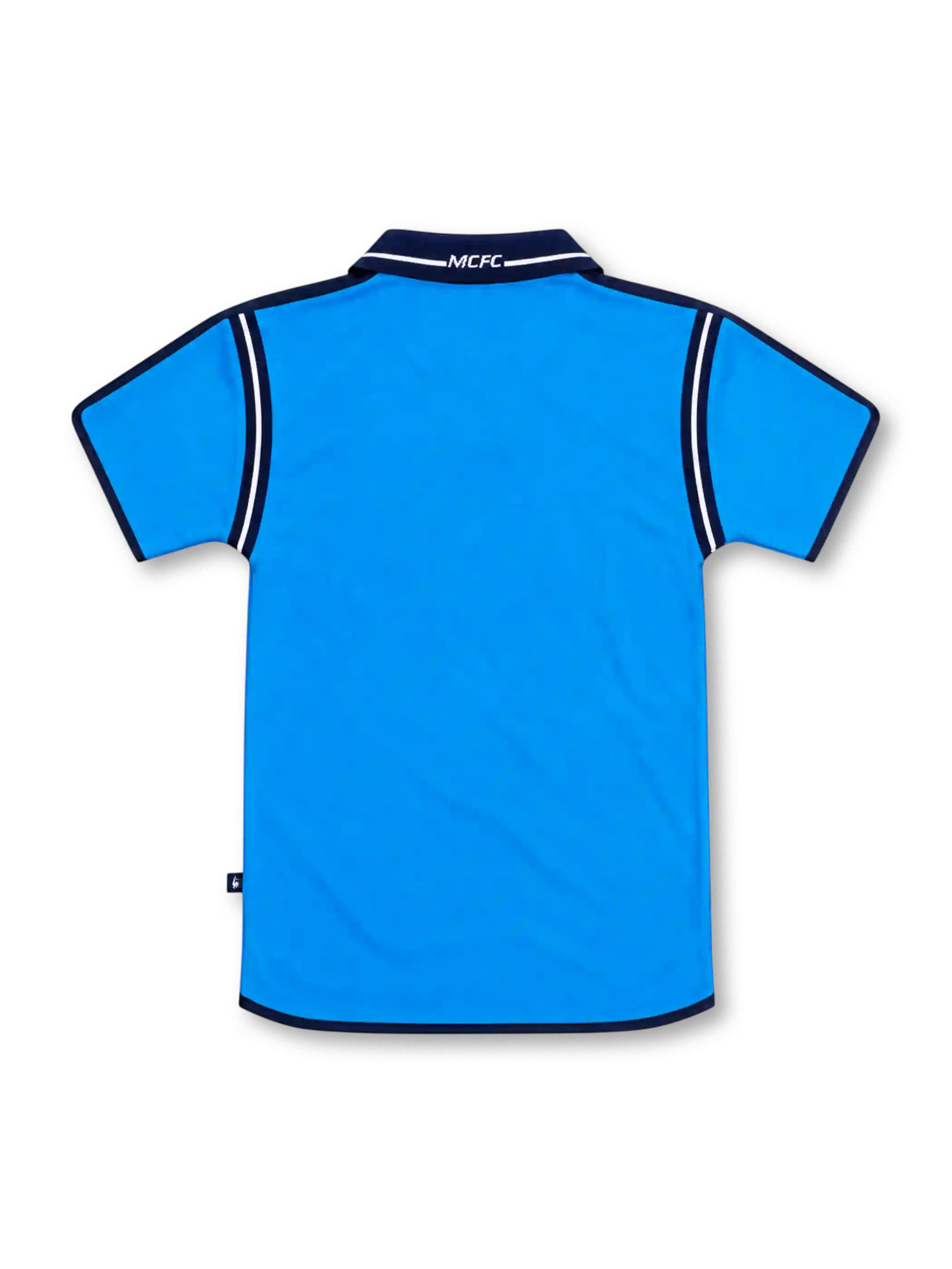 Manchester City 2002/03 sky-blue home jersey with navy collar, white piping, Le Coq Sportif logo, three-star club crest and First Advice sponsor.