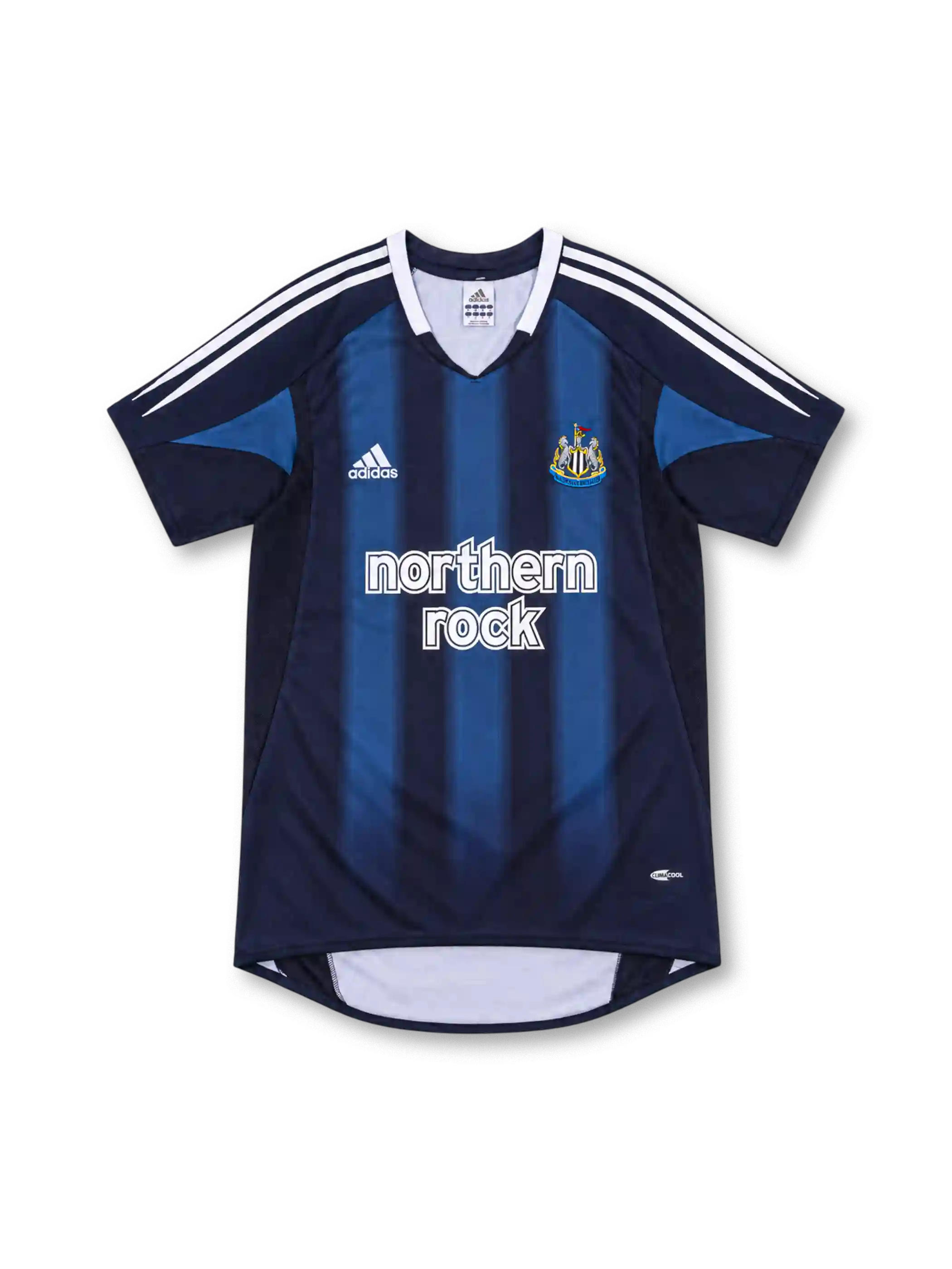 Newcastle United 2004/05 navy away jersey with blue vertical stripes, white adidas shoulder stripes, club crest and Northern Rock sponsor.