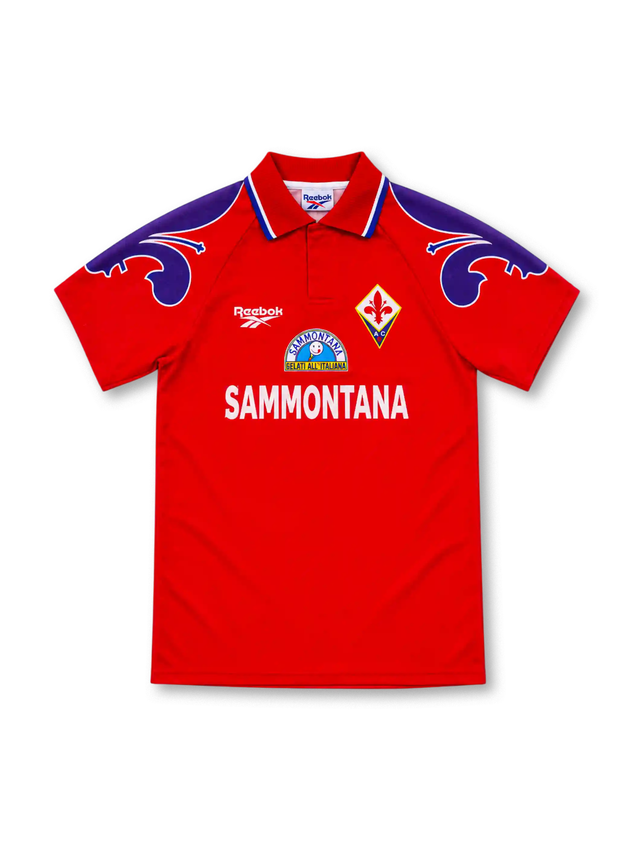 Fiorentina 1995/96 red third jersey by Reebok with purple shoulder graphics, fold-down collar, fleur-de-lis crest and Sammontana sponsor.