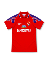 Fiorentina 1995/96 red third jersey by Reebok with purple shoulder graphics, fold-down collar, fleur-de-lis crest and Sammontana sponsor.