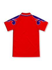Fiorentina 1995/96 red third jersey by Reebok with purple shoulder graphics, fold-down collar, fleur-de-lis crest and Sammontana sponsor.