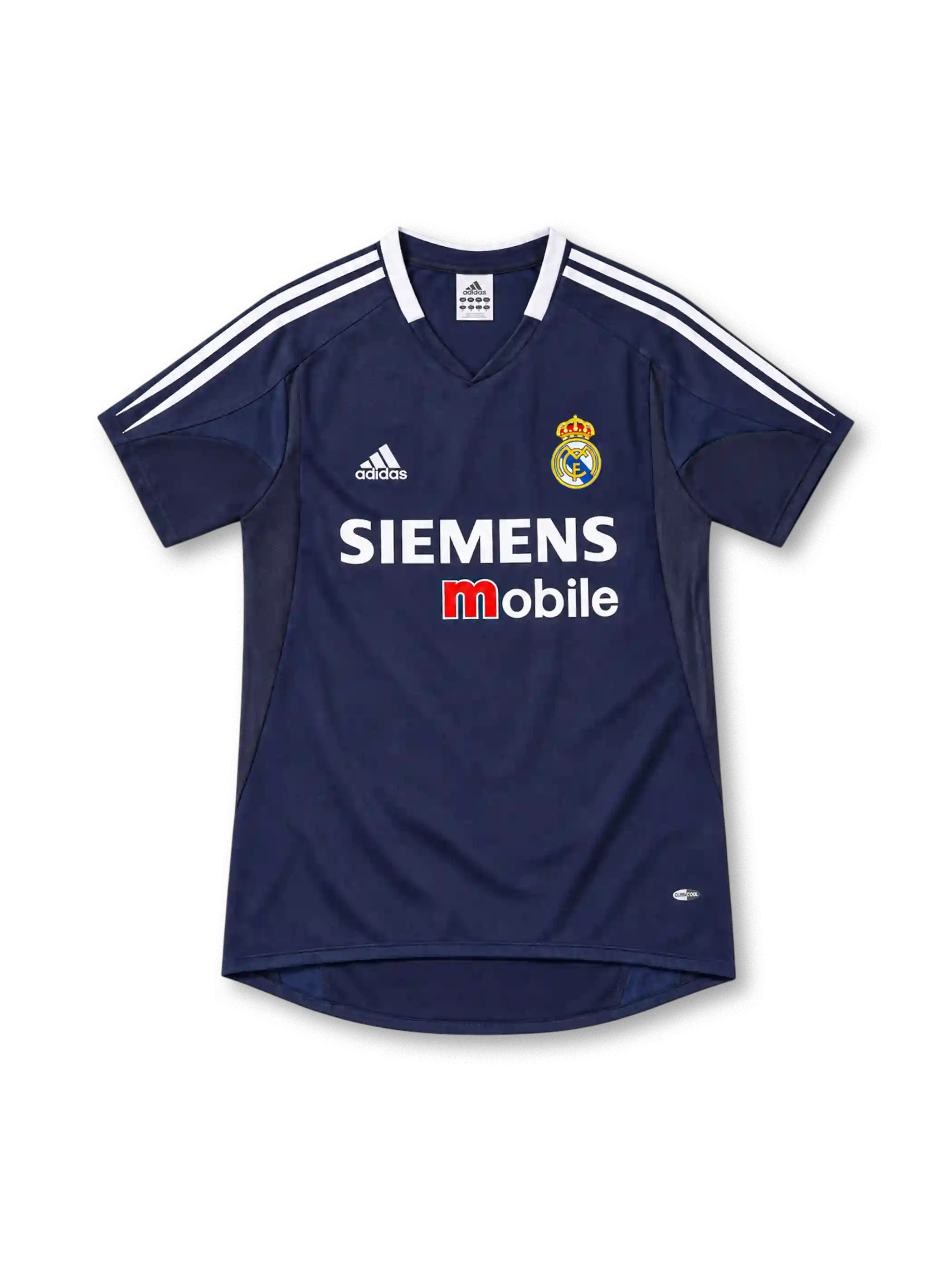 Real Madrid 2004/05 navy away jersey with white adidas shoulder stripes, V-neck collar, club crest and Siemens mobile sponsor.