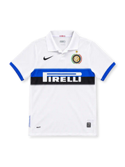 Inter Milan 2009/10 white away jersey with blue-and-black chest band, Pirelli sponsor, Nike Swoosh, polo collar and multicolored club crest.