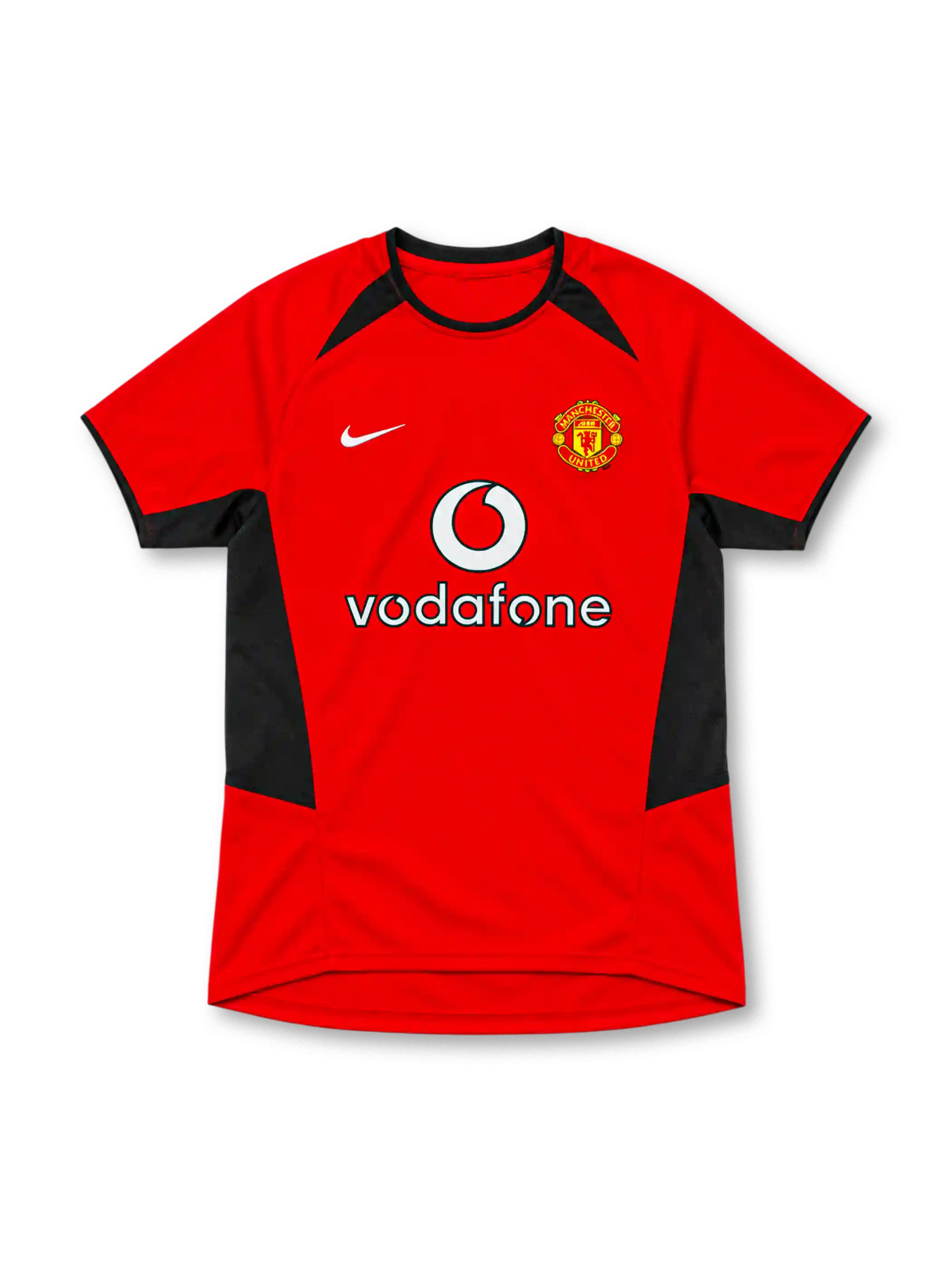 Manchester United 2002–04 red home short-sleeve jersey with black side panels, white Nike Swoosh, club crest and Vodafone sponsor.