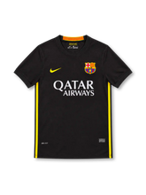 Barcelona 2013/14 black jersey with yellow Nike Swoosh, yellow side stripes, FC Barcelona crest, white Qatar Airways sponsor and Dri-FIT branding.