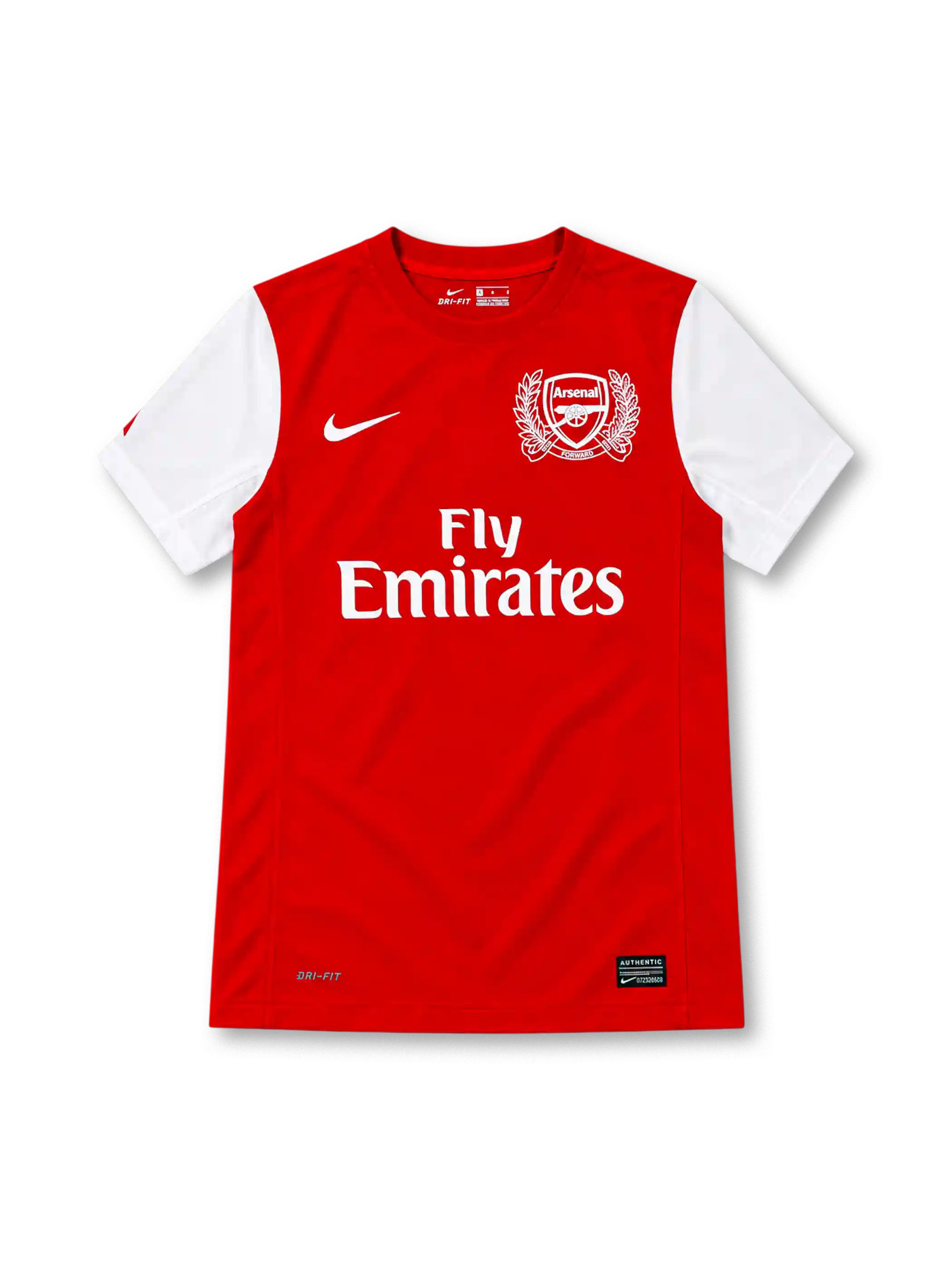 Arsenal 2011/12 red home jersey with white sleeves, white Nike Swoosh, Fly Emirates sponsor, and special 125th-anniversary laurel crest.