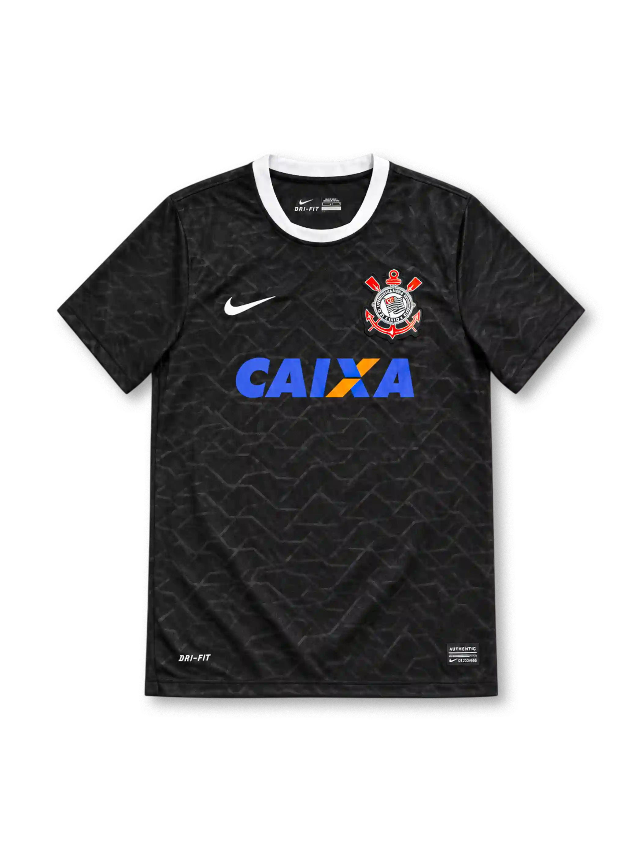 Corinthians 2012/13 black away jersey with tonal geometric pattern, white Nike Swoosh, club crest, CAIXA sponsor and white crew neck trim.