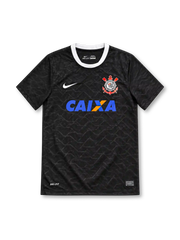 Corinthians 2012/13 black away jersey with tonal geometric pattern, white Nike Swoosh, club crest, CAIXA sponsor and white crew neck trim.