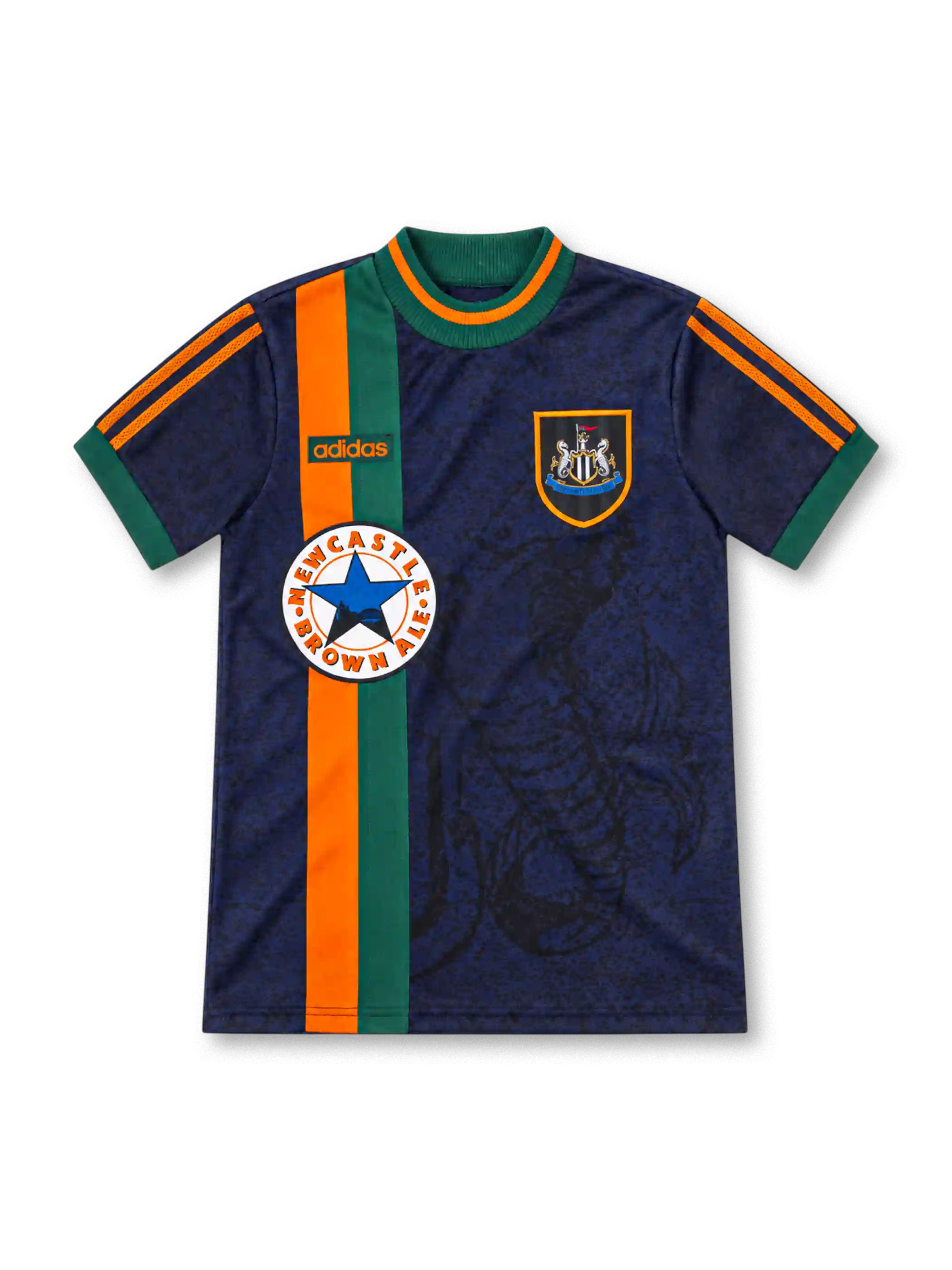 Newcastle United 1997/98 navy away jersey with orange and green vertical stripes, adidas shoulder detailing, club crest and circular Newcastle Brown Ale sponsor.