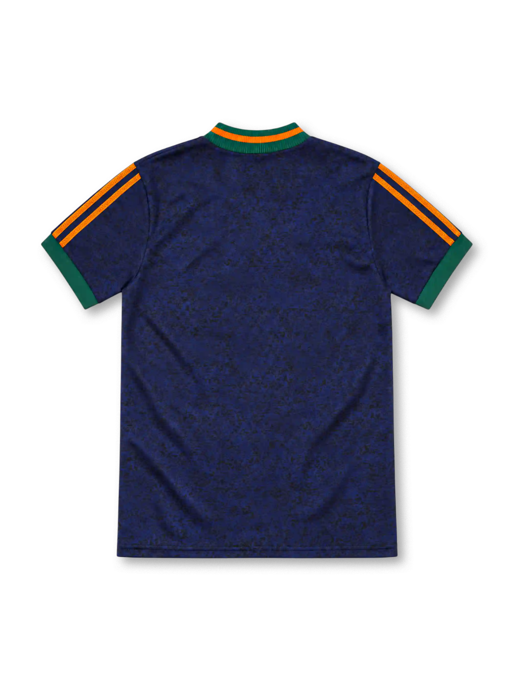 Newcastle United 1997/98 navy away jersey with orange and green vertical stripes, adidas shoulder detailing, club crest and circular Newcastle Brown Ale sponsor.