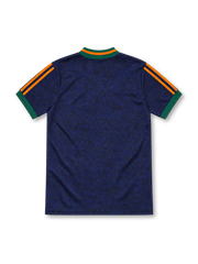 Newcastle United 1997/98 navy away jersey with orange and green vertical stripes, adidas shoulder detailing, club crest and circular Newcastle Brown Ale sponsor.