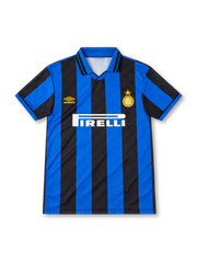 Inter Milan 1995/97 home jersey with blue and black vertical stripes, yellow Umbro logo, gold-star club crest and white Pirelli sponsor.