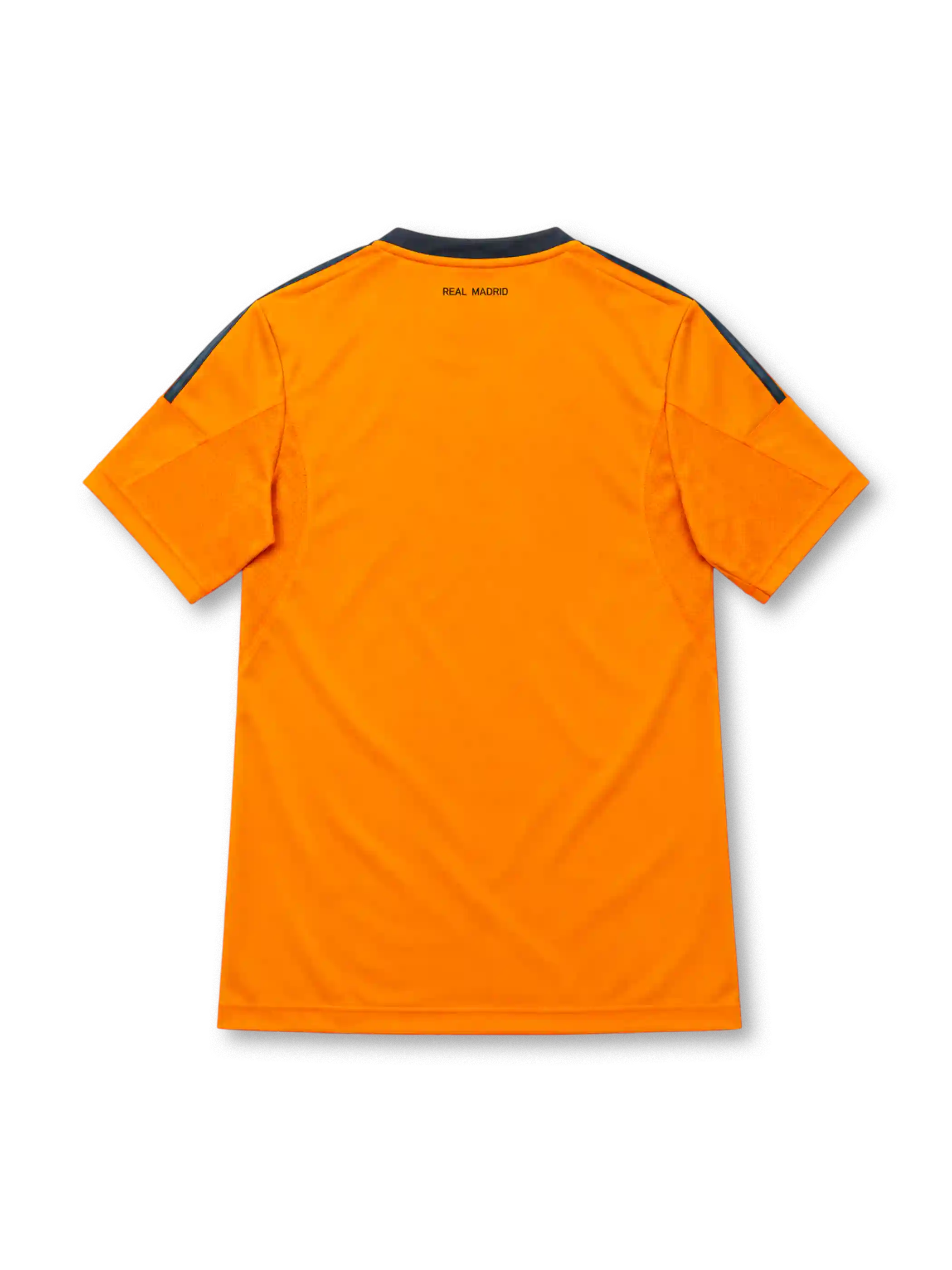 Real Madrid 2013/14 third jersey in bright orange with navy adidas stripes and Fly Emirates sponsor