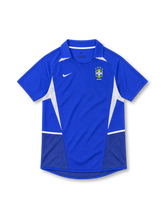 Brazil 2002 royal-blue away jersey by Nike with white mesh side panels, fold-down collar and four-star CBF crest.
