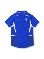 Brazil 2002 royal-blue away jersey by Nike with white mesh side panels, fold-down collar and four-star CBF crest.