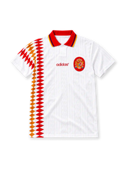Spain 1994 away jersey in white with red and yellow geometric side graphic and red collar