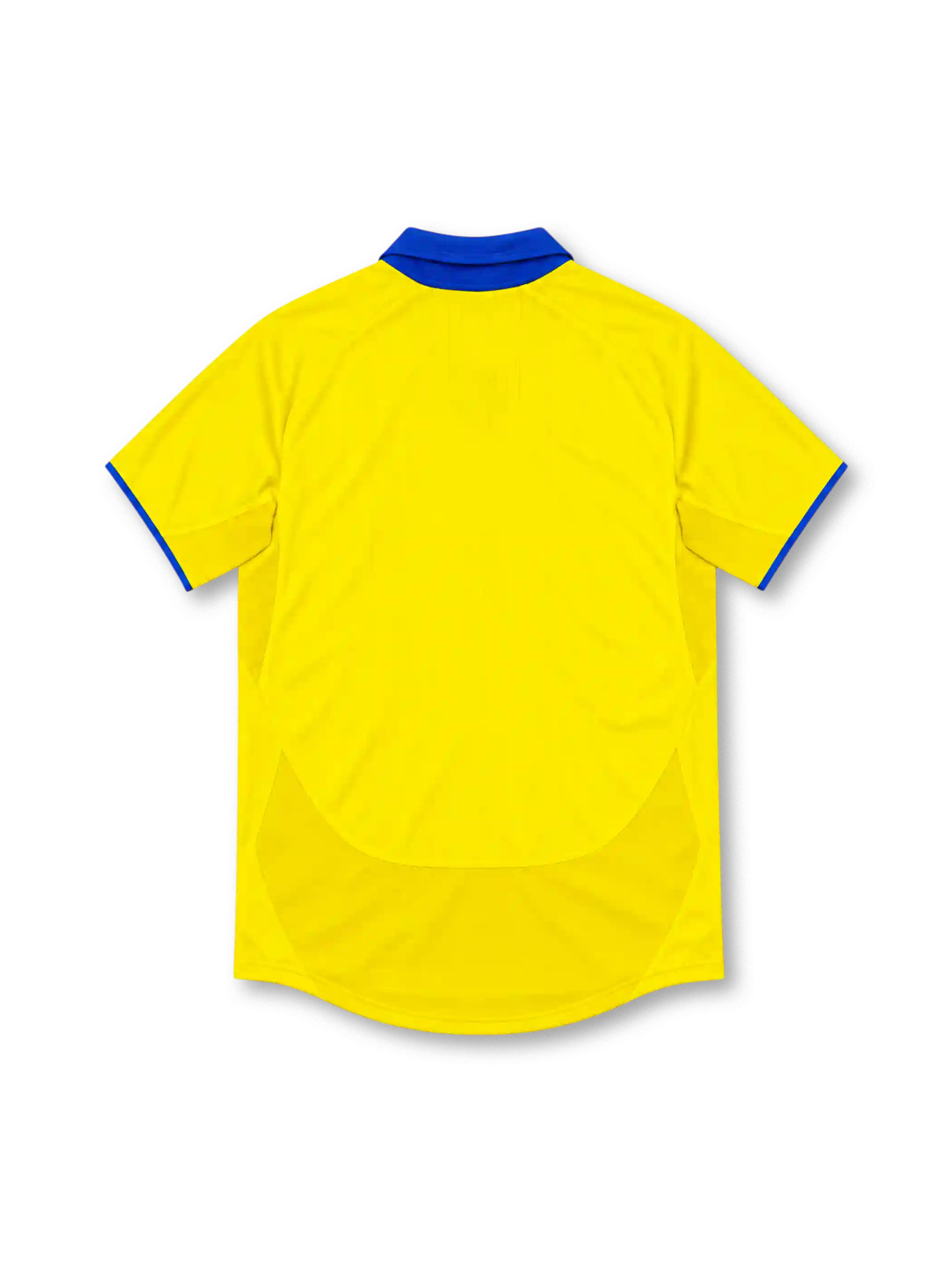 Arsenal 2003/04 yellow away jersey with royal-blue polo collar, blue Nike Swoosh, club crest, navy O2 sponsor and blue sleeve trim.