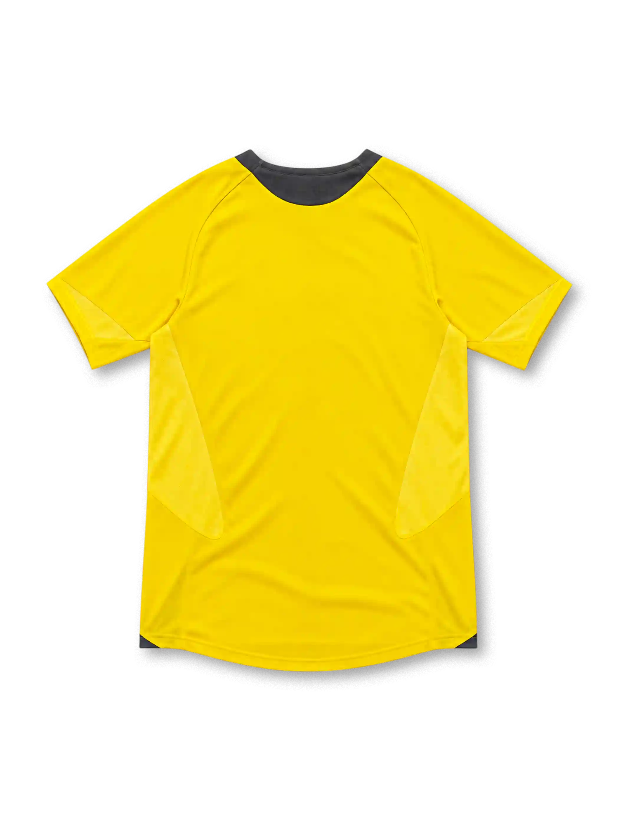 Arsenal 2005/06 yellow away jersey with charcoal V-neck collar, Nike Swoosh, Arsenal crest, O2 sponsor and curved shoulder panels.