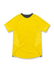 Arsenal 2005/06 yellow away jersey with charcoal V-neck collar, Nike Swoosh, Arsenal crest, O2 sponsor and curved shoulder panels.