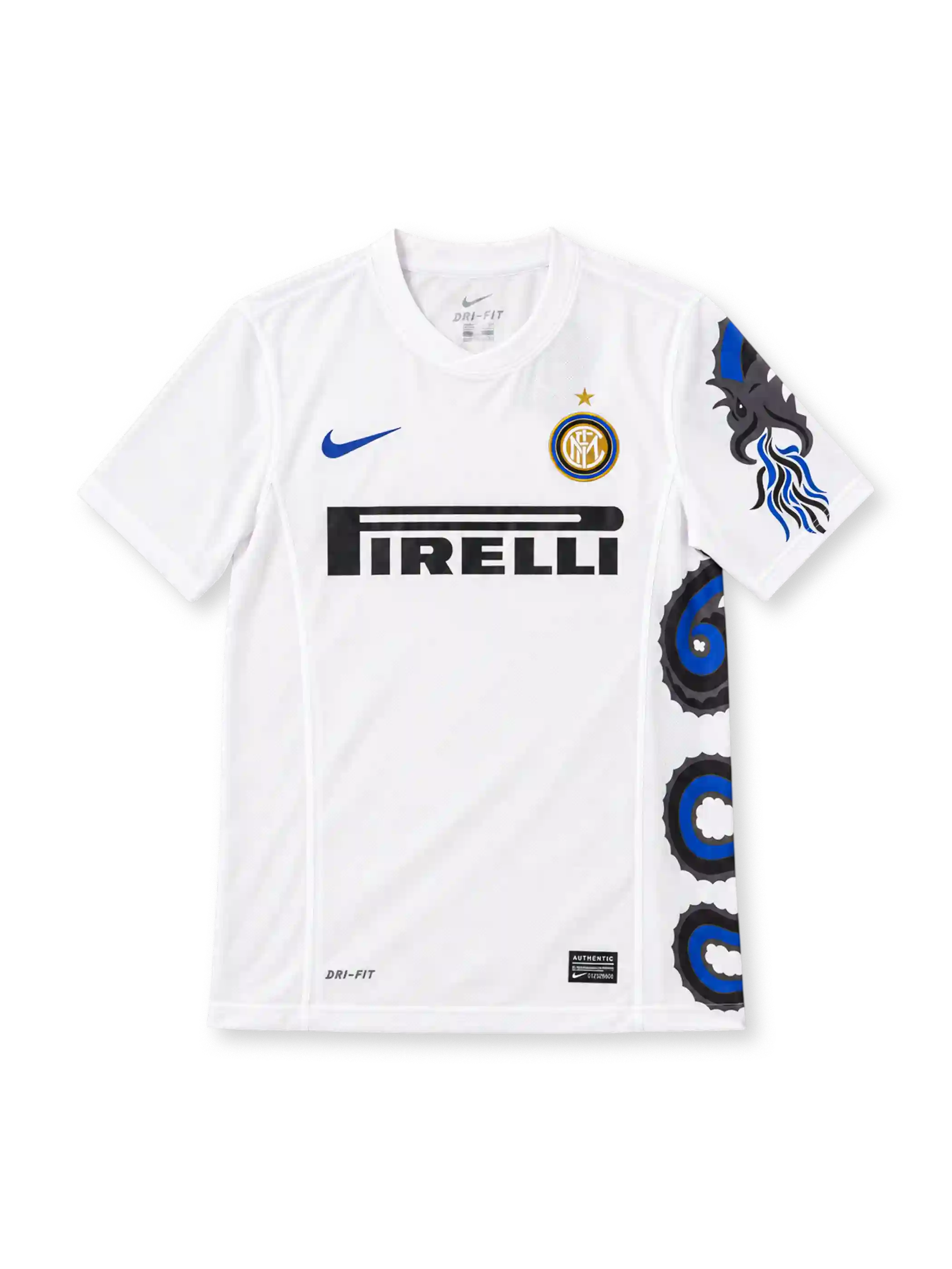 Inter Milan 2010/11 white away jersey with blue-and-black Biscione serpent graphic, blue Nike Swoosh, Pirelli sponsor and gold-star club crest.