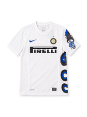 Inter Milan 2010/11 white away jersey with blue-and-black Biscione serpent graphic, blue Nike Swoosh, Pirelli sponsor and gold-star club crest.