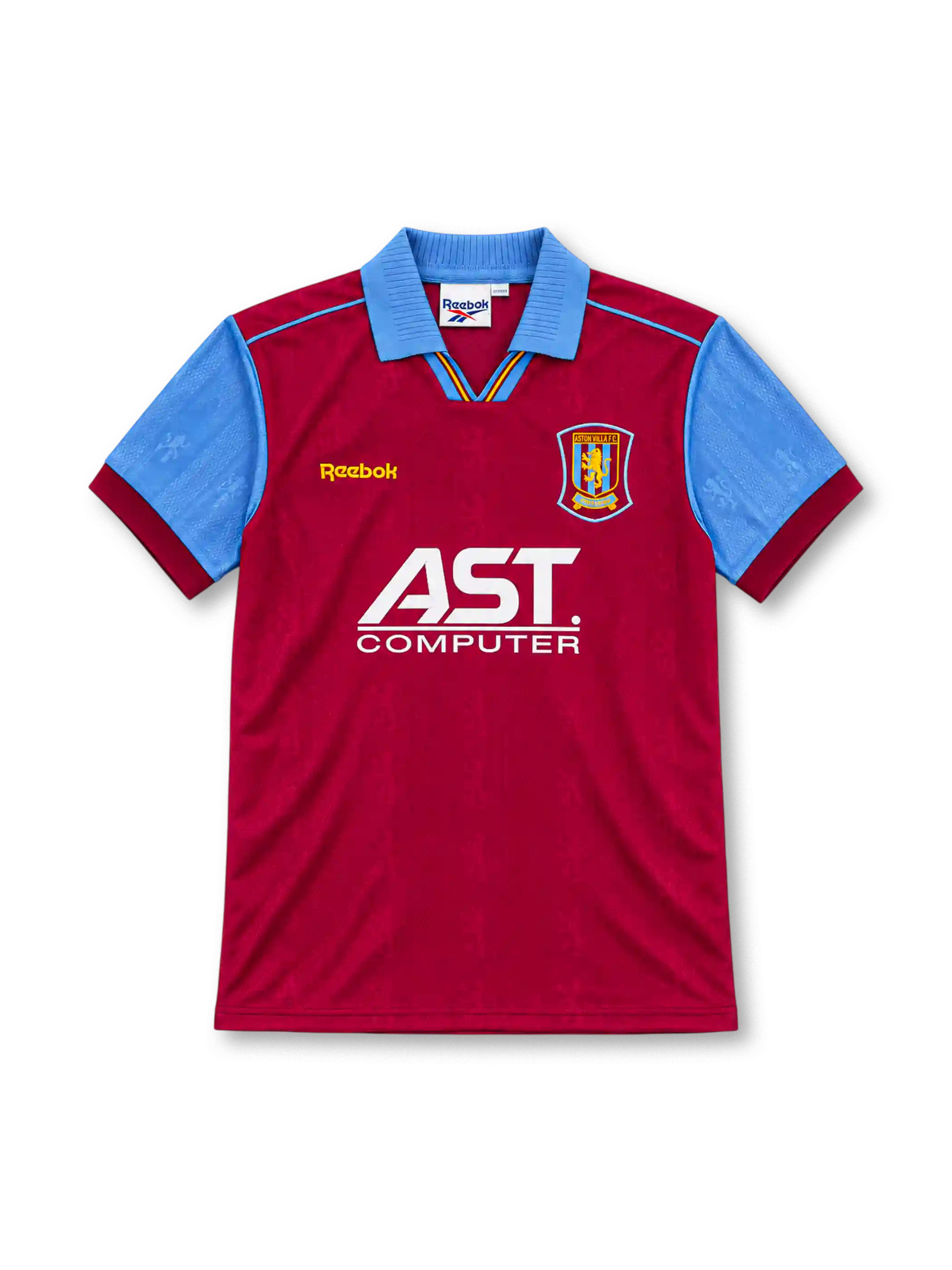 Aston Villa 1995/97 claret home jersey with sky-blue sleeves and collar, yellow Reebok logo, club crest and white AST Computer sponsor.