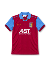 Aston Villa 1995/97 claret home jersey with sky-blue sleeves and collar, yellow Reebok logo, club crest and white AST Computer sponsor.