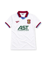 Aston Villa 1996/97 white away jersey with claret polo collar, sky-blue trim, Reebok logo, club crest and green AST Computer sponsor.