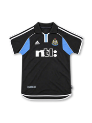 Newcastle United 2000/01 black away jersey with sky-blue panels, white adidas shoulder stripes, club crest and ntl: sponsor.