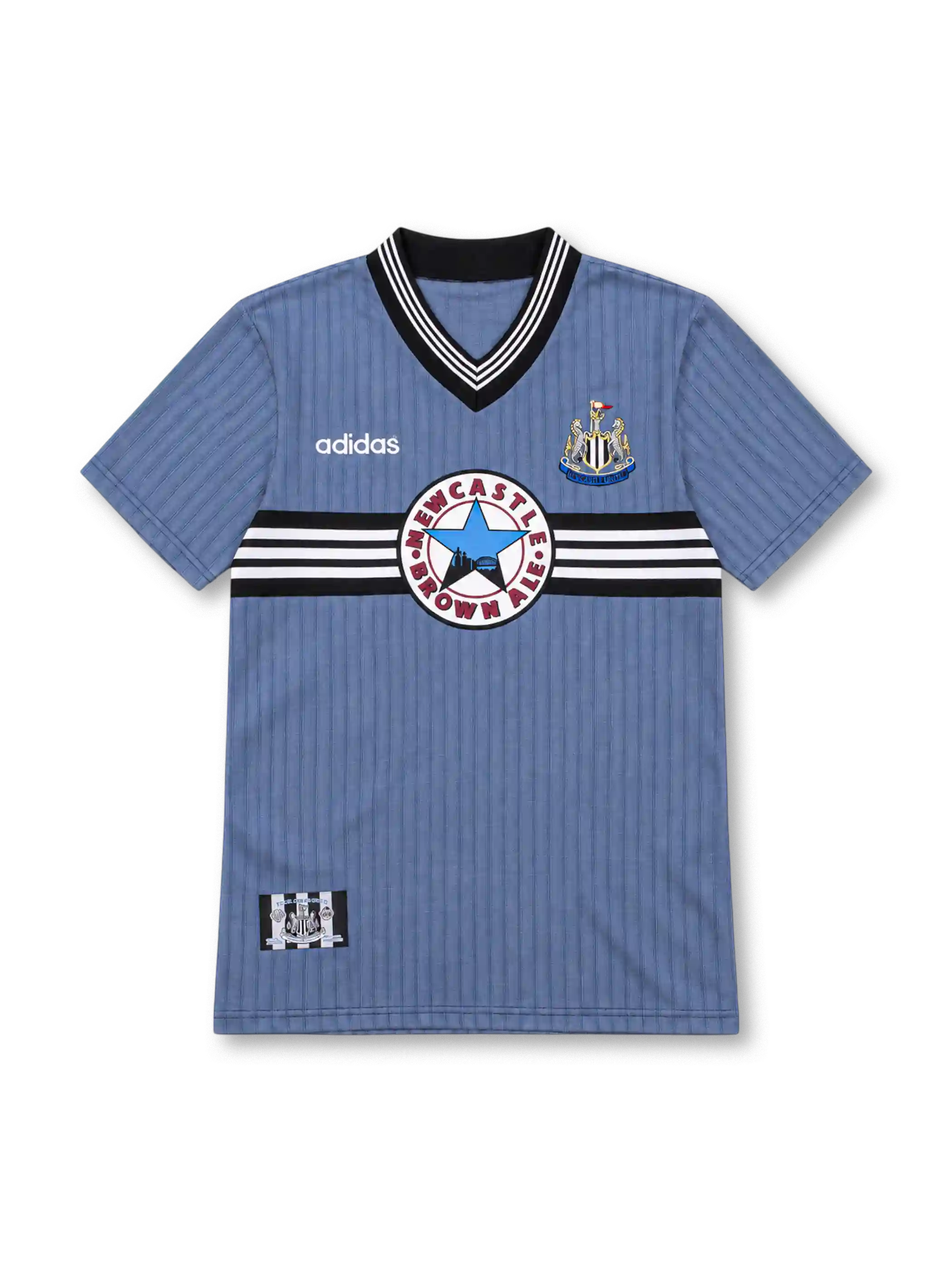 Newcastle United 1995/96 sky-blue away jersey with black-and-white chest stripes, white adidas logo, club crest and Newcastle Brown Ale sponsor.