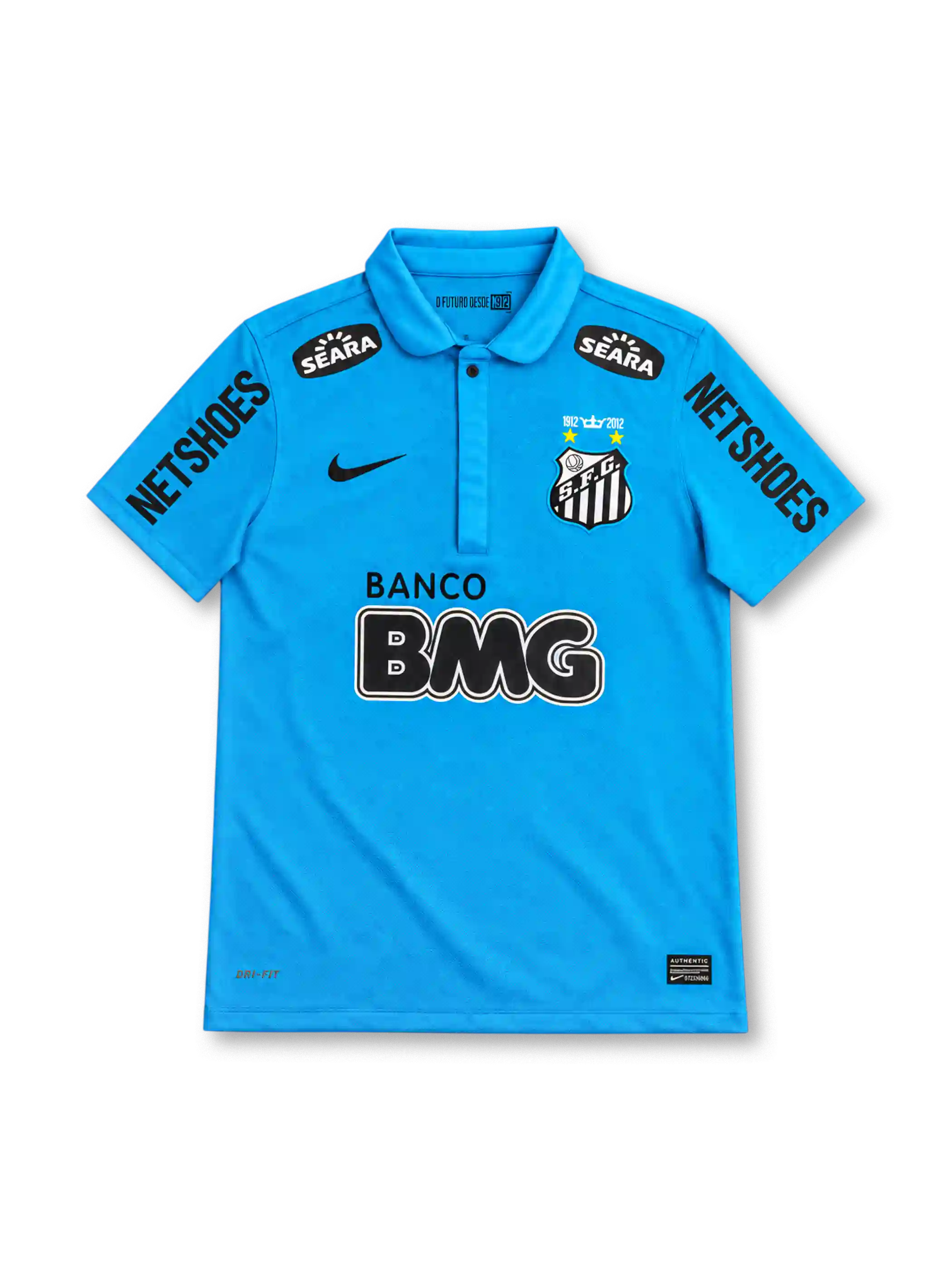 Santos FC 2012 turquoise-blue third jersey with Nike Swoosh, 1912–2012 centenary crest, Banco BMG sponsor, Seara patches and Netshoes sleeve branding.