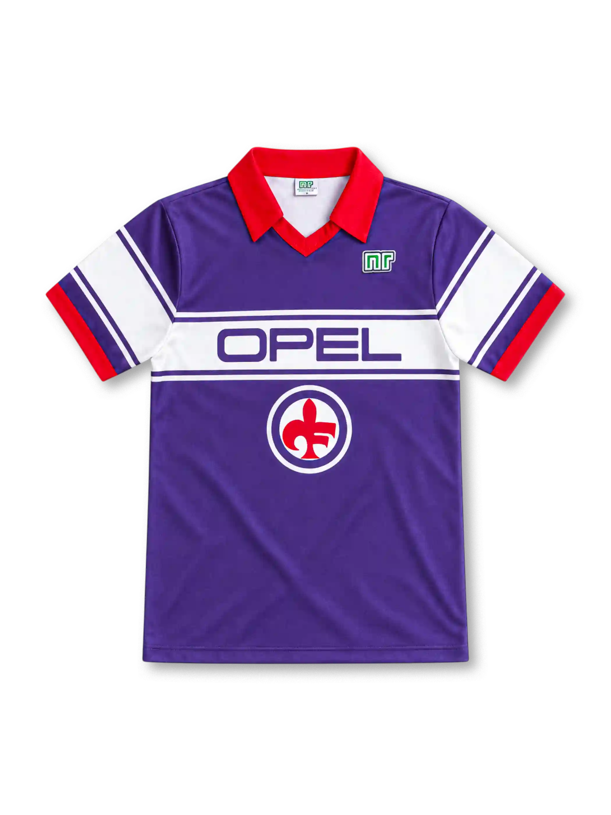 Fiorentina 1983–85 purple home jersey with red polo collar, white chest and sleeve bands, Opel sponsor, Ennerre logo and red fleur-de-lis emblem.