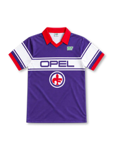 Fiorentina 1983–85 purple home jersey with red polo collar, white chest and sleeve bands, Opel sponsor, Ennerre logo and red fleur-de-lis emblem.