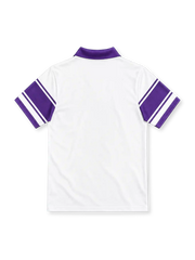 Fiorentina 1983–85 white away jersey with purple polo collar, striped sleeves, Opel chest sponsor, Ennerre logo and red fleur-de-lis emblem.
