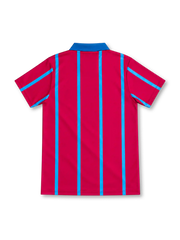 Aston Villa 1993/95 claret home jersey with sky-blue vertical stripes, blue polo collar, ASICS logo, club crest and Müller sponsor.